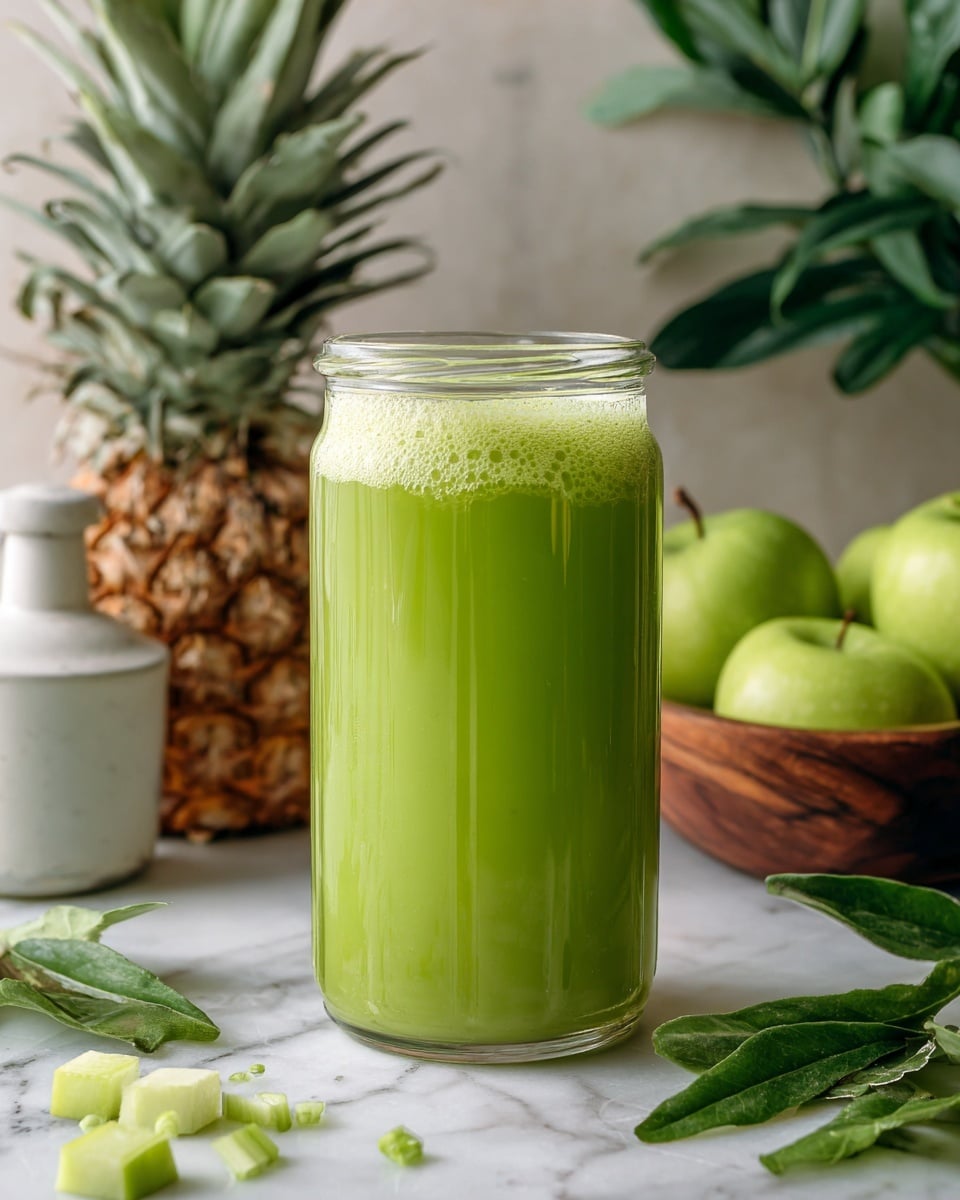 A tall clear glass jar filled with bright green juice that has a smooth, slightly frothy top layer. The jar sits on a white marbled surface with green leaves and vegetable pieces scattered around the front. Behind the jar, there is a white juicer on the left, a whole pineapple with green leaves in the middle, and a wooden bowl filled with green apples on the right. The background is a soft white marbled texture with some green foliage visible. Photo taken with an iphone --ar 4:5 --v 7