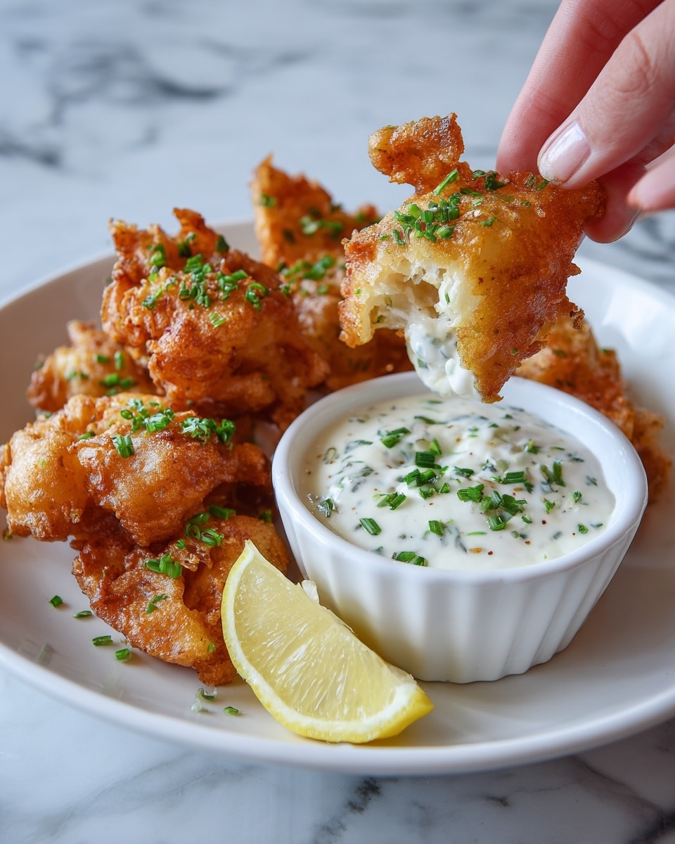 A close-up shows a woman's hand holding a crispy, golden-brown fried item with visible layers and a crunchy texture, dipping it into a small white bowl filled with creamy white sauce speckled with green herbs. The bowl is placed on a white plate, which holds several more pieces of the fried food garnished with chopped green herbs, and a slice of lemon. The background features a white marbled texture. photo taken with an iphone --ar 4:5 --v 7