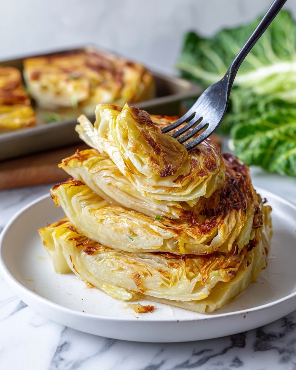 The image shows three thick slices of roasted cabbage on a white plate, each slice having about 5 to 6 layers. The outer layers are browned and slightly charred with a crispy texture, while the inner layers remain light yellow with a tender and soft look. A black-handled fork is stuck into the closest slice, lifting some softer inner leaves with a light golden color. The plate sits on a white marbled surface with part of a leafy green vegetable in the background, and in the blurred background there is a tray with more roasted cabbage pieces. photo taken with an iphone --ar 4:5 --v 7