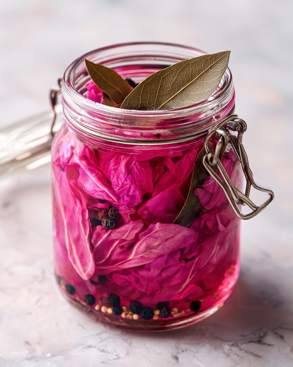 A glass jar filled with bright pink pickled cabbage leaves floating in clear liquid. A single brown bay leaf rests on top along with several small black peppercorns and mustard seeds scattered among the cabbage. The jar's metal clasp is visible on the side. The jar is placed on a white marbled surface with a slightly blurred background. photo taken with an iphone --ar 4:5 --v 7