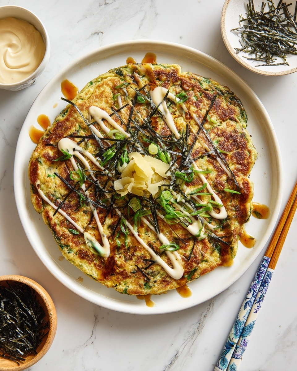 A round, golden-brown pancake with visible green bits in the batter sits in the center of a white plate on a white marbled surface. The pancake is topped with thin black seaweed strips, chopped green onions, and small green leaves. Two white sauce drizzles cross over the pancake, paired with darker sauce dollops around the edge. A small pile of light-pale yellow pickled ginger rests in the middle. A pair of wooden chopsticks with blue floral handles rests on the plate’s edge. A small white bowl with a creamy dip and a wooden bowl of seaweed strips are nearby. Photo taken with an iphone --ar 4:5 --v 7
