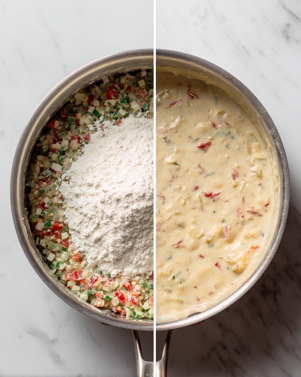Two images side by side showing the process of making a creamy vegetable sauce. On the left, a silver pot with a mix of small chopped vegetables in green, red, and white colors, topped with a heap of white flour in the middle. On the right, the same pot filled with a thick, creamy off-white sauce that has visible small pieces of red and green vegetables mixed throughout. Both pots are placed on a white marbled surface. photo taken with an iphone --ar 4:5 --v 7
