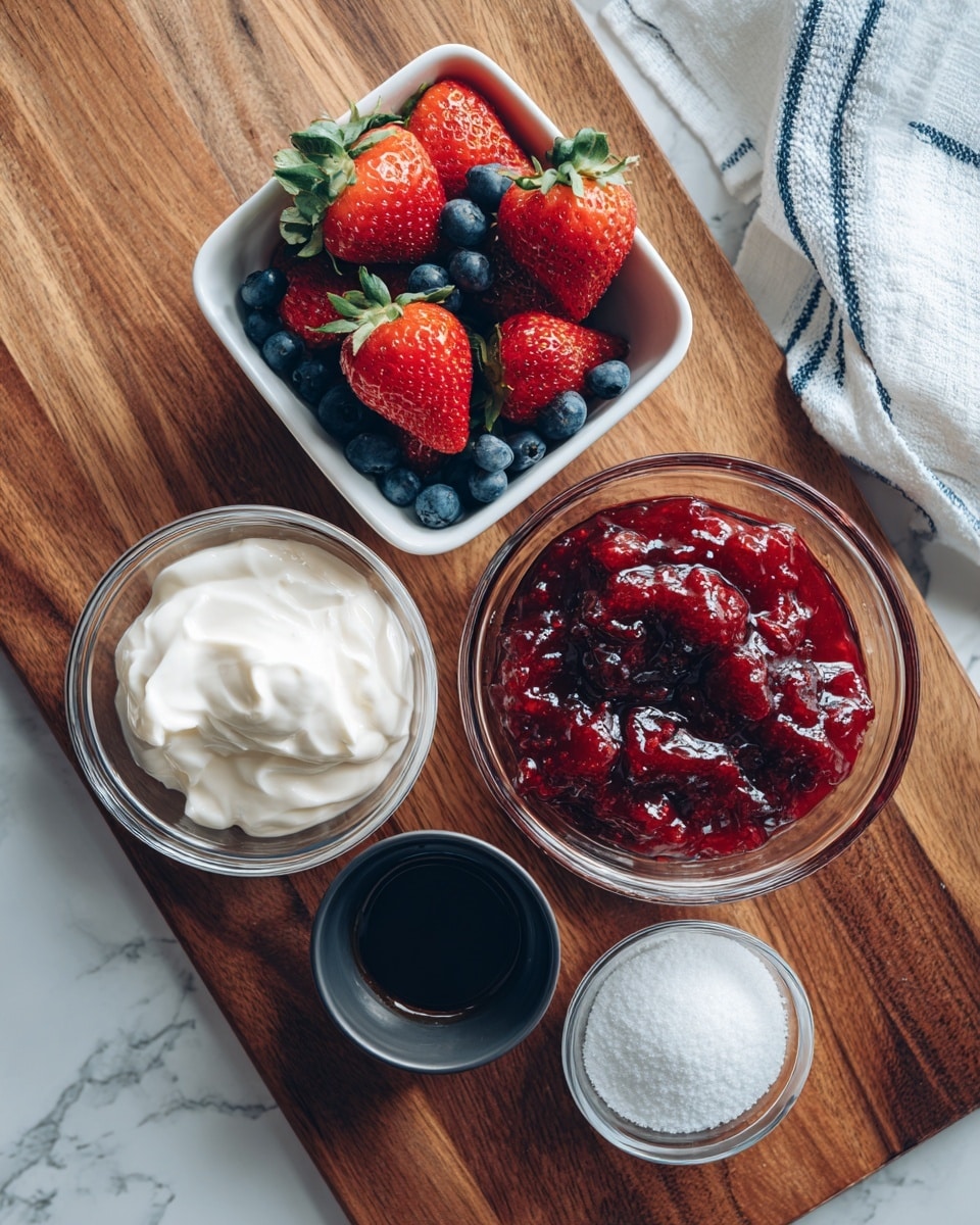 The image shows five small containers on a wooden surface. At the top left, a square white bowl holds fresh red strawberries with green leaves, with some blueberries underneath. To the right, a round clear glass bowl is filled with chunky red strawberry jam. Below, on the left, a round clear glass bowl contains white heavy cream. To the right of it, a small dark bowl holds a white powdery sweetener. At the bottom center, another small dark bowl contains dark brown vanilla extract. The background is a white marbled texture with a white and blue kitchen towel partly visible in the upper right corner. Photo taken with an iphone --ar 4:5 --v 7