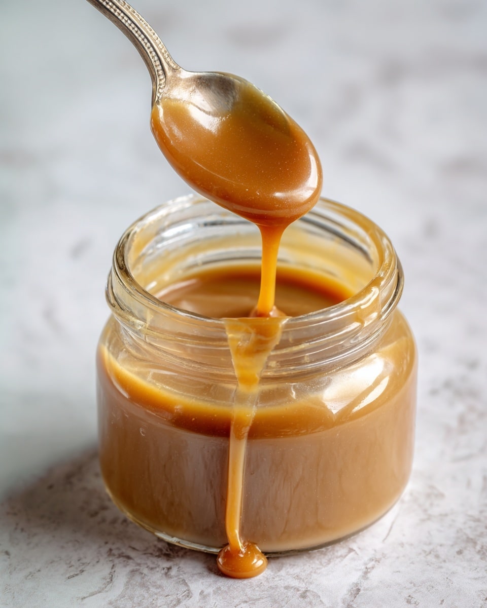 A clear glass jar is filled with thick, smooth caramel sauce of light brown color with shiny texture. A silver spoon is lifted above the jar, with caramel slowly dripping off the spoon back into the jar. The background is a white marbled texture that softly contrasts with the warm caramel. photo taken with an iphone --ar 4:5 --v 7