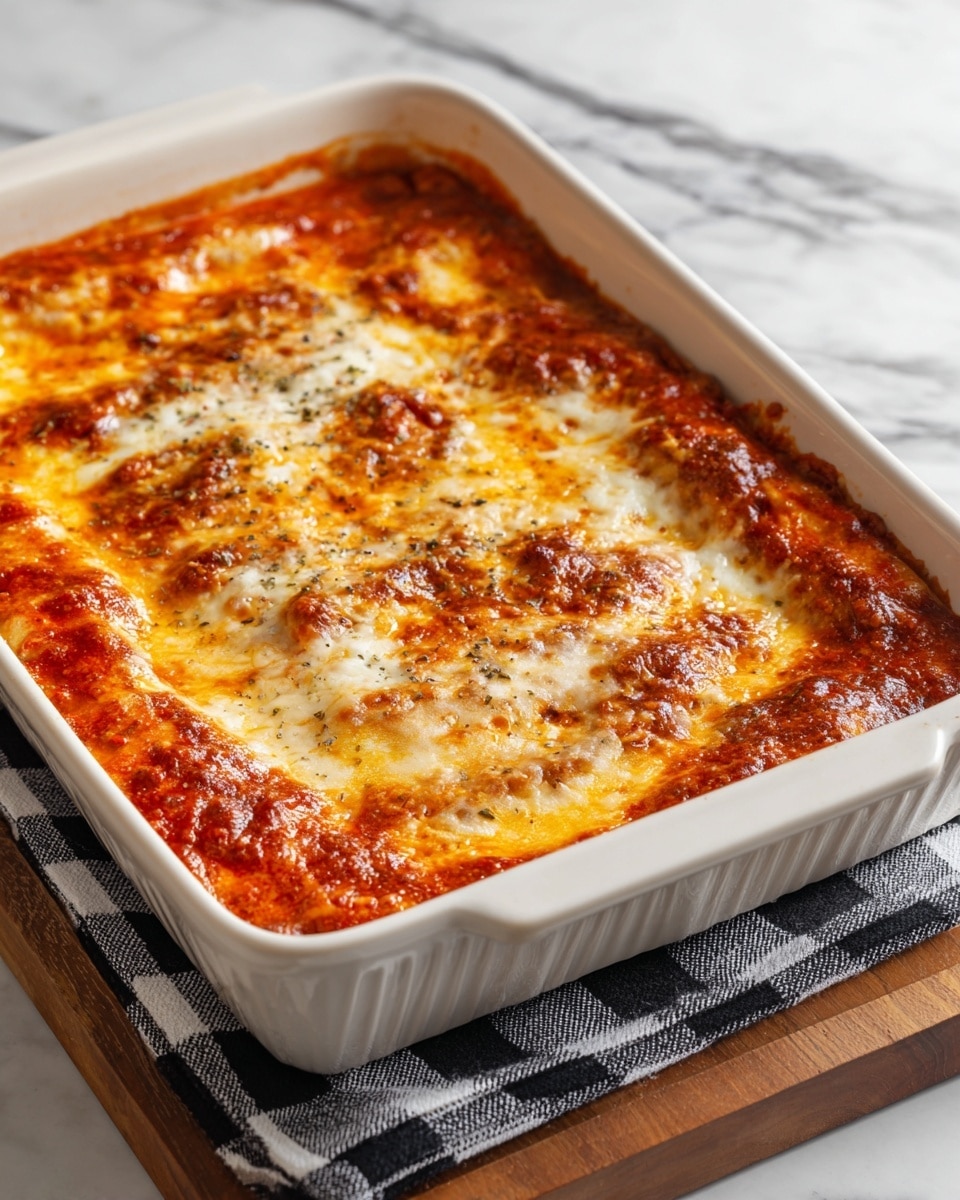 The image shows a close-up of a baked dish in a rectangular white ceramic baking pan with ridged edges. The dish has a smooth, melted layer of bright orange cheese on top, slightly browned and bubbly in some spots. Beneath the cheese, hints of a darker, saucy layer peek through, suggesting a rich filling. The pan sits on a black and white checkered cloth, placed on a white marbled surface. The corner of a wooden board is partly visible under the baking pan. Photo taken with an iphone --ar 4:5 --v 7