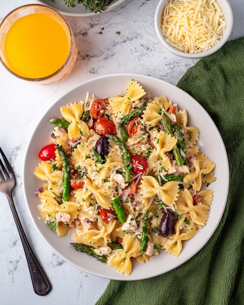 A white shallow pan with black handles holds a colorful pasta dish with three main layers: the bottom has bowtie pasta mixed with pieces of green celery, red bell peppers, and brown mushrooms, the middle is scattered with black olives and bits of shredded chicken, and the top is sprinkled with thin yellow cheese strands and small green parsley leaves. The pan sits on a bright green cloth that partially covers a white marbled surface. Behind the pan, there is a small white bowl filled with more shredded yellow cheese and a clear glass of orange juice. Photo taken with an iphone --ar 4:5 --v 7