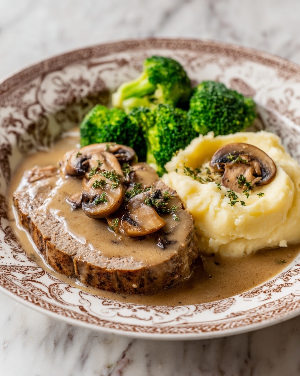 The dish shows a thick slice of meatloaf in the center of a white bowl with brown decorative patterns, topped with light brown mushroom gravy and sliced mushrooms. To the right, there is a mound of soft, creamy mashed potatoes in a pale yellow color with a couple of mushroom slices on top. Next to the potatoes, bright green steamed broccoli florets add a fresh, vibrant contrast. The whole bowl rests on a white marbled surface. photo taken with an iphone --ar 4:5 --v 7