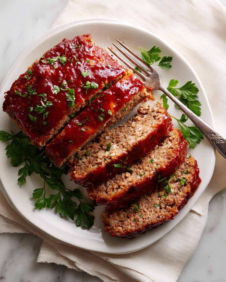 A white plate holds a thick, cooked meatloaf sliced into four pieces, with a shiny reddish-brown sauce covering the top and sides. The meatloaf has a dense, crumbly texture inside showing a mix of brown colors. Bright green parsley leaves are sprinkled on top and placed around the meatloaf as a garnish. A silver fork is shown resting on the side of the plate. The plate is set on a cream-colored cloth on a white marbled surface. Photo taken with an iphone --ar 4:5 --v 7