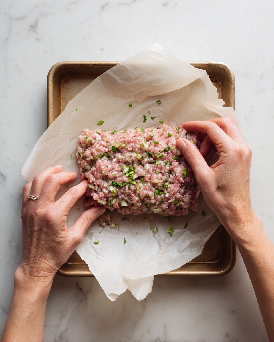 Two woman’s hands are shaping a rough rectangle of mixed ground meat with visible small chunks of onion and green herbs. The raw meat mixture is pink with specks of white and green. It is placed on white parchment paper, which lines a light brown baking sheet. The background is a white marbled texture. Photo taken with an iphone --ar 4:5 --v 7