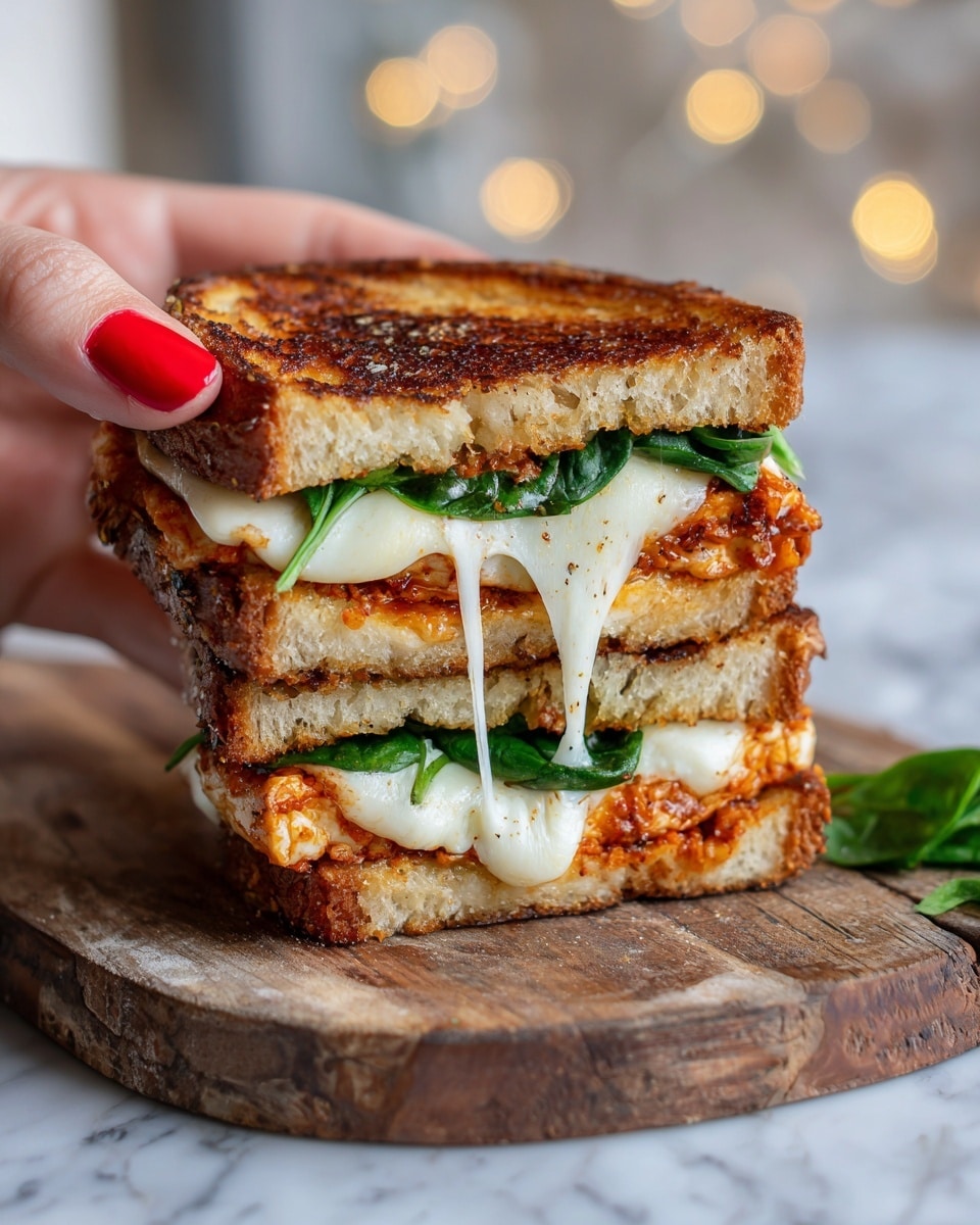 The image shows a grilled sandwich held up by a woman's hand with red nail polish. The sandwich has three layers: the bottom and top layers are toasted bread with a golden-brown crust, the middle layer features melted white cheese stretching as the sandwich is lifted, and above the cheese is a thick layer of reddish-brown grilled tofu or similar filling. On top of the filling, fresh green spinach leaves add a pop of color. The sandwich rests on a rustic wooden board placed on a white marbled surface, with a blurred light background. Photo taken with an iphone --ar 4:5 --v 7