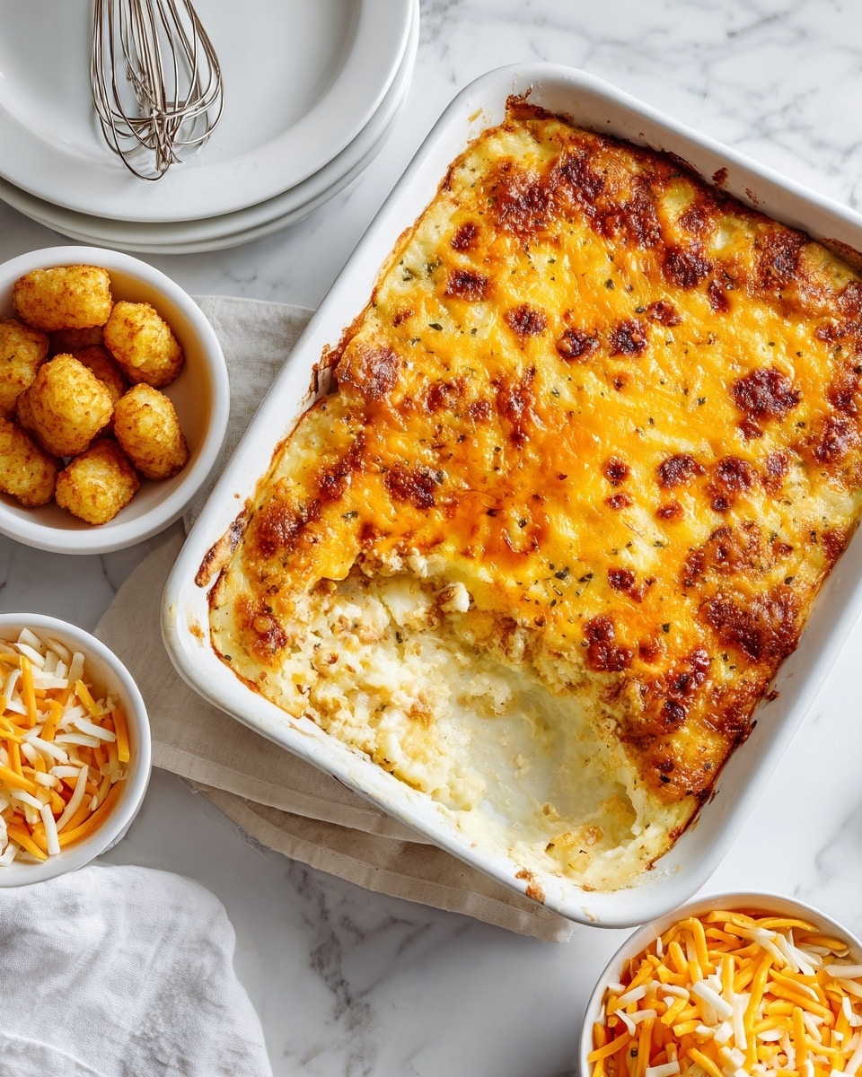 A white rectangular dish contains a baked cheesy casserole, with a top layer of melted cheese in orange and light yellow shades, showing some browned spots around the edges. The casserole has a thick, creamy layer underneath, visible where a large scoop has been taken out from the corner, revealing a soft, light-colored, mashed texture. To the left of the dish, there is a small white bowl with five golden yellow tater tots and another small white bowl filled with shredded cheese in orange and white colors. The scene is set on a white marbled surface, with a silver whisk and a white cloth visible at the top left corner. photo taken with an iphone --ar 4:5 --v 7