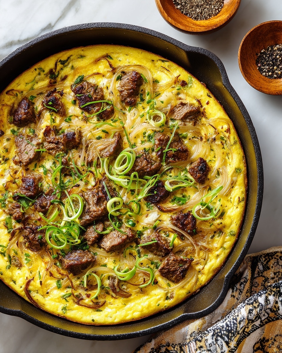 A round yellow egg dish with a soft texture fills a black cast iron skillet. It has many pieces of cooked browned meat scattered on top along with caramelized brown onion slices. Bright green thin spirals of herbs or vegetables add color accents while tiny green herb bits dot the surface. The edges look slightly crispy. The skillet sits on a white marbled surface next to a patterned cloth on one side and a small round wooden bowl of black pepper on the other. photo taken with an iphone --ar 4:5 --v 7