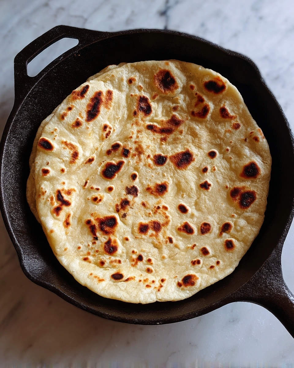 The image shows one flatbread cooked in a black cast iron pan. The flatbread is round and light beige with uneven, dark brown char spots scattered across its surface, giving it a textured, slightly rough look. The pan holds the flatbread snugly, and the background is a white marbled surface visible around the edges of the pan. Photo taken with an iphone --ar 4:5 --v 7
