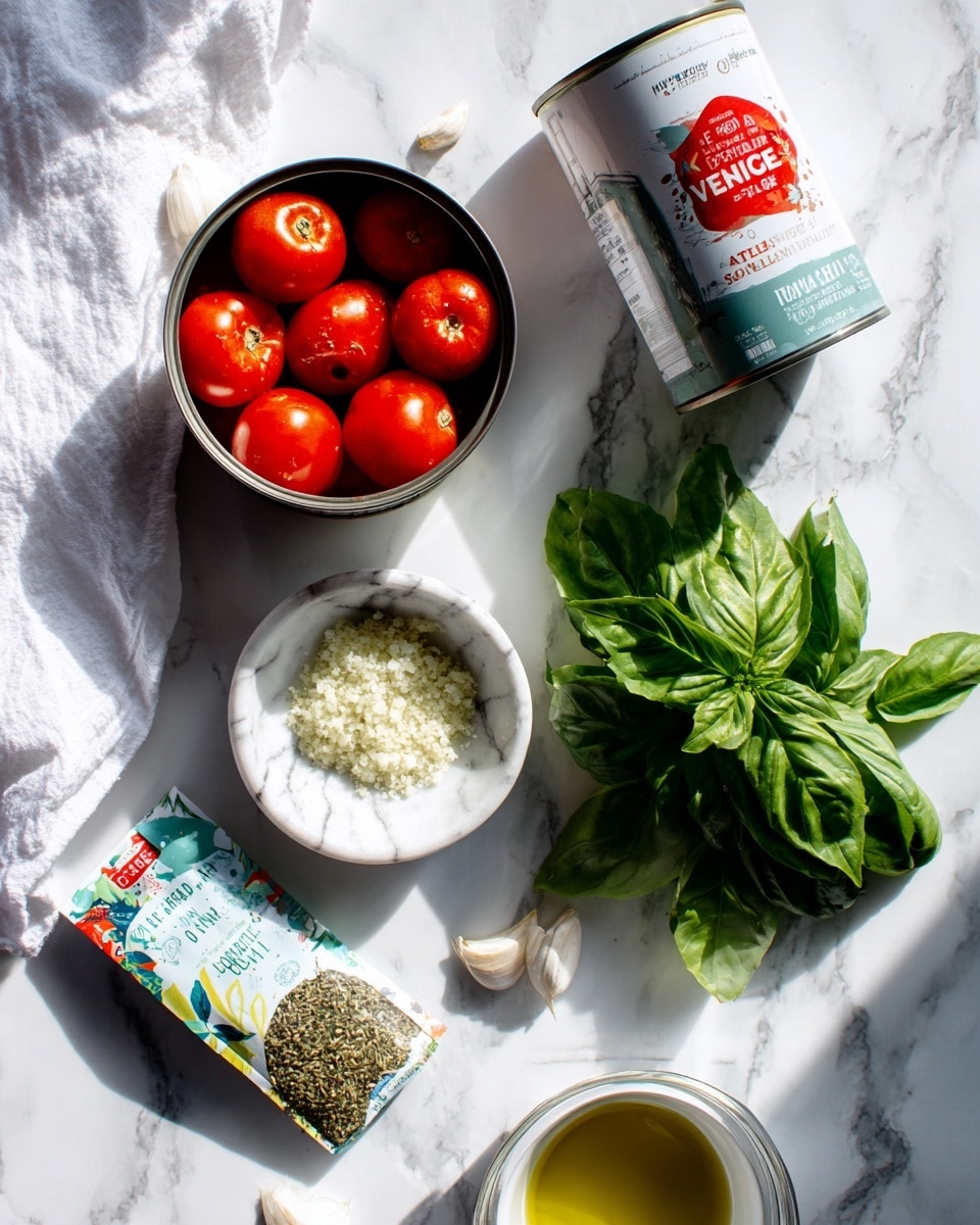 The image shows ingredients laid out on a white marbled surface in a flat lay style. There is a white cloth on the left, with a can of whole peeled tomatoes placed above it, showing red tomatoes on the label. Near the center, a small white bowl with a marble texture holds white salt. To the right, fresh green basil leaves add a pop of color. Below them, a round clear container holds finely minced garlic with a light golden color. At the bottom left, there is a small packet of dried oregano with colorful text and illustrations. A small white cup with olive oil is positioned at the top right area. The scene is bright and clean, arranged neatly with a natural light source casting soft shadows. Photo taken with an iphone --ar 4:5 --v 7