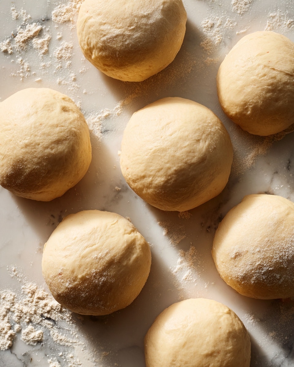 The image shows eight smooth, round dough balls placed on a lightly floured white marbled surface. Each dough ball is pale beige in color with a soft, slightly glossy texture. They are spaced apart, with some overlapping gently at the edges, and there are faint patches of flour scattered around them. The light source highlights the soft curves and smoothness of the dough, creating gentle shadows underneath each ball. photo taken with an iphone --ar 4:5 --v 7