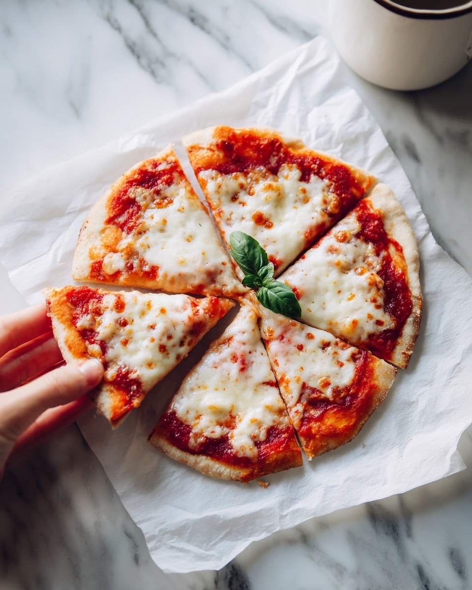 A small pizza is shown inside a black round air fryer basket lined with crinkled white parchment paper. The pizza has a thick, golden brown crust at the bottom layer. On top of the crust is a layer of bright red tomato sauce spread unevenly, covering parts of the surface. Melted white mozzarella cheese forms the next layer, with some edges browned and bubbly. Scattered on top are two fresh green basil leaves, adding a bright color contrast. The pizza looks hot and slightly crispy around the sides. The background is a white marbled texture. Photo taken with an iphone --ar 4:5 --v 7