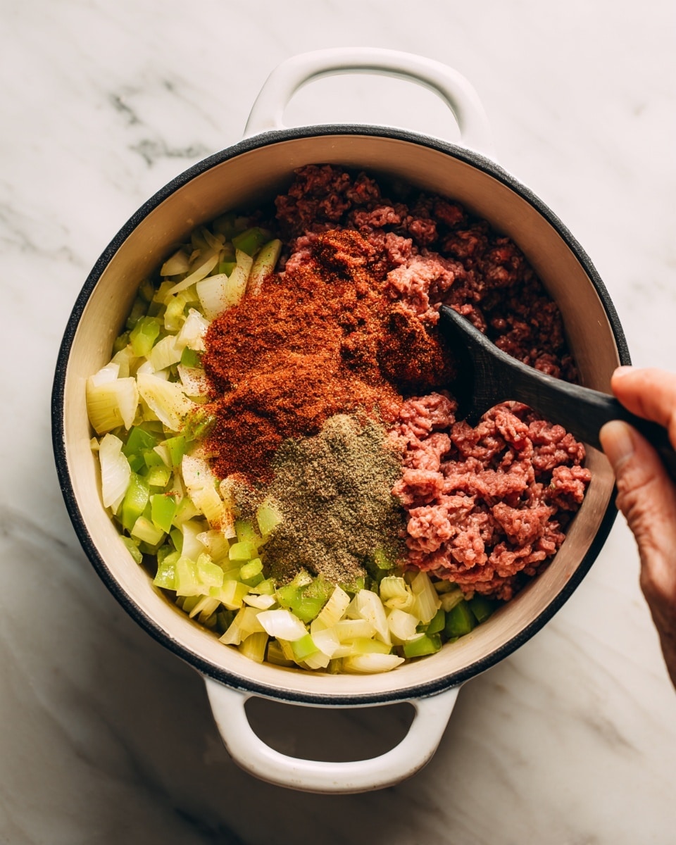 Inside a white pot with black rim and white handles, there are three layers visible: the bottom layer is sautéed light yellow onions mixed with small pieces of green peppers, the middle layer consists of raw, dark pink ground meat, and the top layer is a heap of reddish-brown powder spices sprinkled on the meat. A woman's hand is seen holding a black utensil, stirring the mixture in the pot. The pot is placed on a white marbled surface. photo taken with an iphone --ar 4:5 --v 7