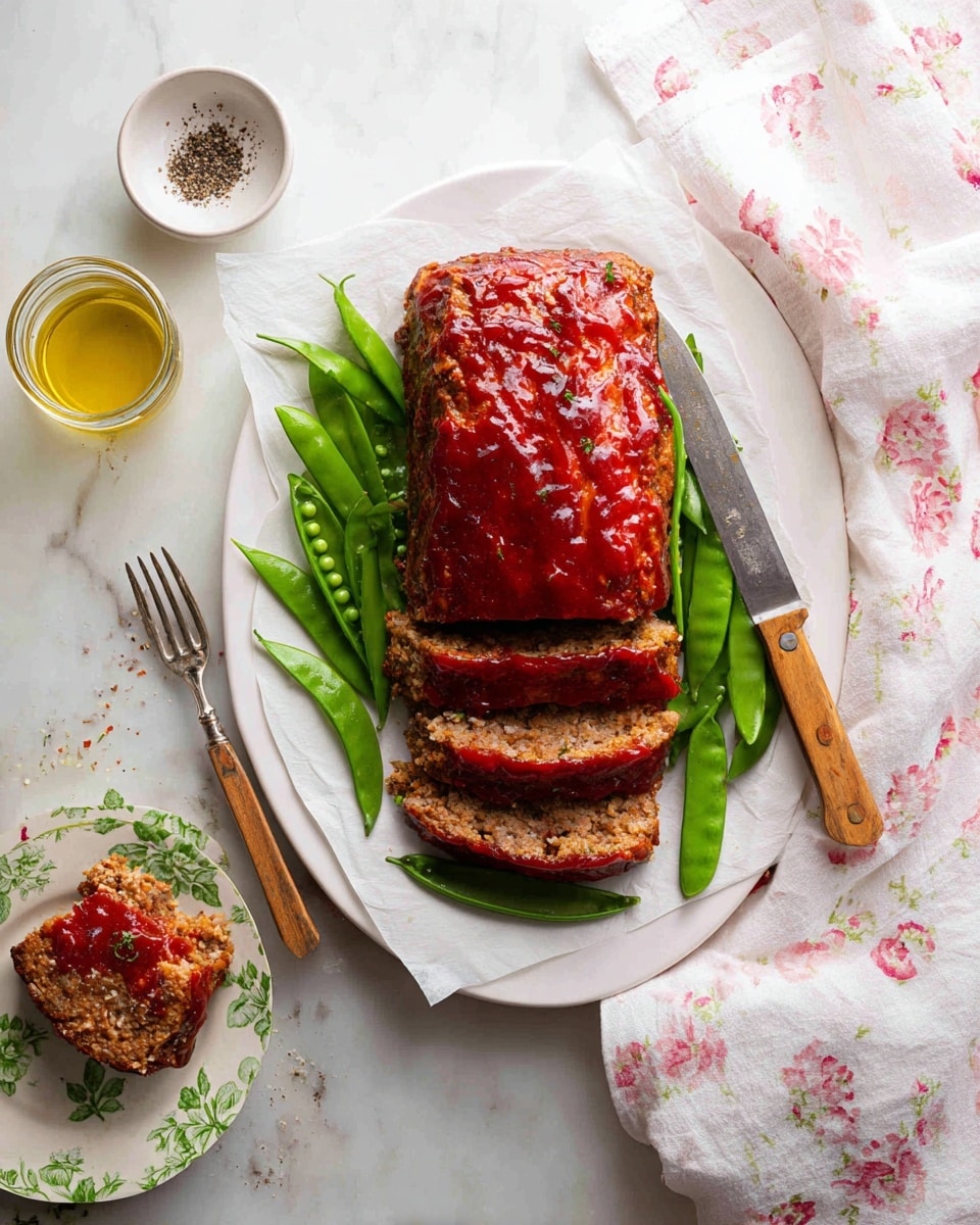 A white oval plate holds a large rectangular meatloaf topped with a shiny, red glaze, sliced into seven thick pieces on the left side. Surrounding the meatloaf on the plate are bright green snap peas, some whole and some opened to show peas inside. A wooden-handled knife rests on the right side of the plate on a white parchment paper. Next to the plate is a small white round plate with a green floral pattern, holding one thick slice of meatloaf with red glaze and some snap peas underneath it. A fork and knife with wooden handles rest on this small plate. Above the main plate is a small white bowl with black pepper and a small glass jar of light golden oil. A white cloth with pink floral dots is partly visible on the right side of the image. The background is a white marbled surface. Photo taken with an iphone --ar 4:5 --v 7