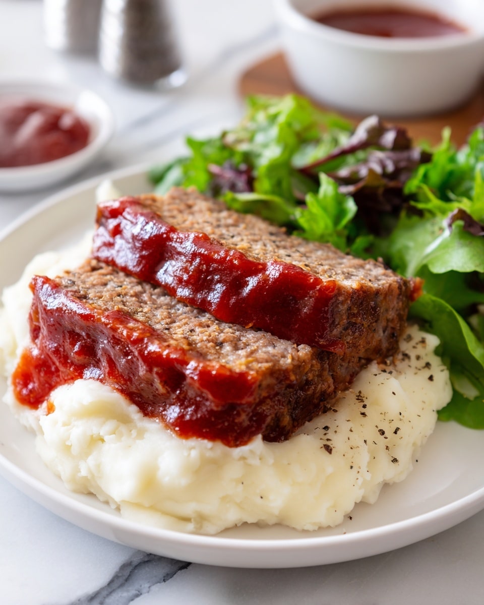 The image shows a meatloaf on a baking tray lined with parchment paper, placed on a white marbled surface. The meatloaf has one main layer with a shiny, thick dark reddish-brown sauce covering it fully, giving it a glossy and moist look. The edges of the meatloaf show some juices that have mixed with the sauce, pooling slightly on the parchment paper around the sides. A small part of a white cloth and a small white bowl are visible near the top right corner. photo taken with an iphone --ar 4:5 --v 7