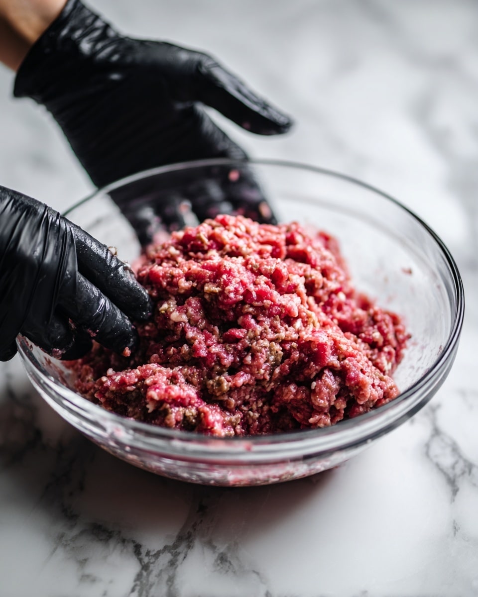 A clear glass bowl set on a white marbled surface holds a mix of raw ground meat and other ingredients being stirred by two hands wearing black gloves, with one woman's hand pressing down into the mix from above. The contents show various shades of red and pink with a slightly chunky, moist texture. The blurred motion of the gloved hands suggests active mixing and blending. Photo taken with an iphone --ar 4:5 --v 7