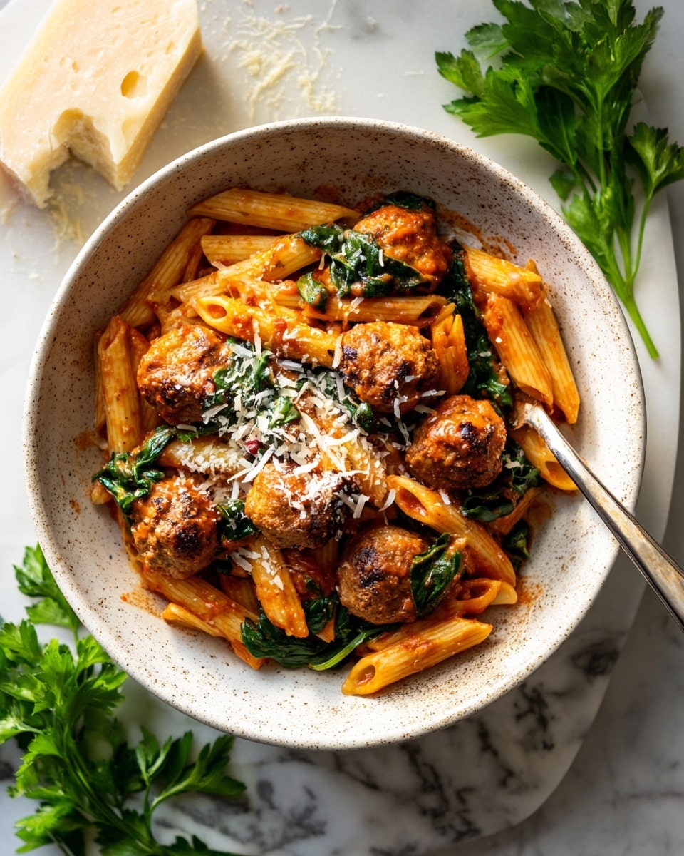 A white speckled bowl holds a serving of penne pasta mixed with small round meatballs and wilted green spinach leaves, all coated in a rich, thick orange-red tomato sauce. Some grated cheese is sprinkled over the top, creating a light white texture on the meatballs and pasta. A fork rests inside the bowl, angled to the right, while the bowl sits on a white marbled surface next to a small block of cheese and fresh green parsley leaves. The lighting highlights the warm colors of the dish, making it look cozy and inviting. photo taken with an iphone --ar 4:5 --v 7