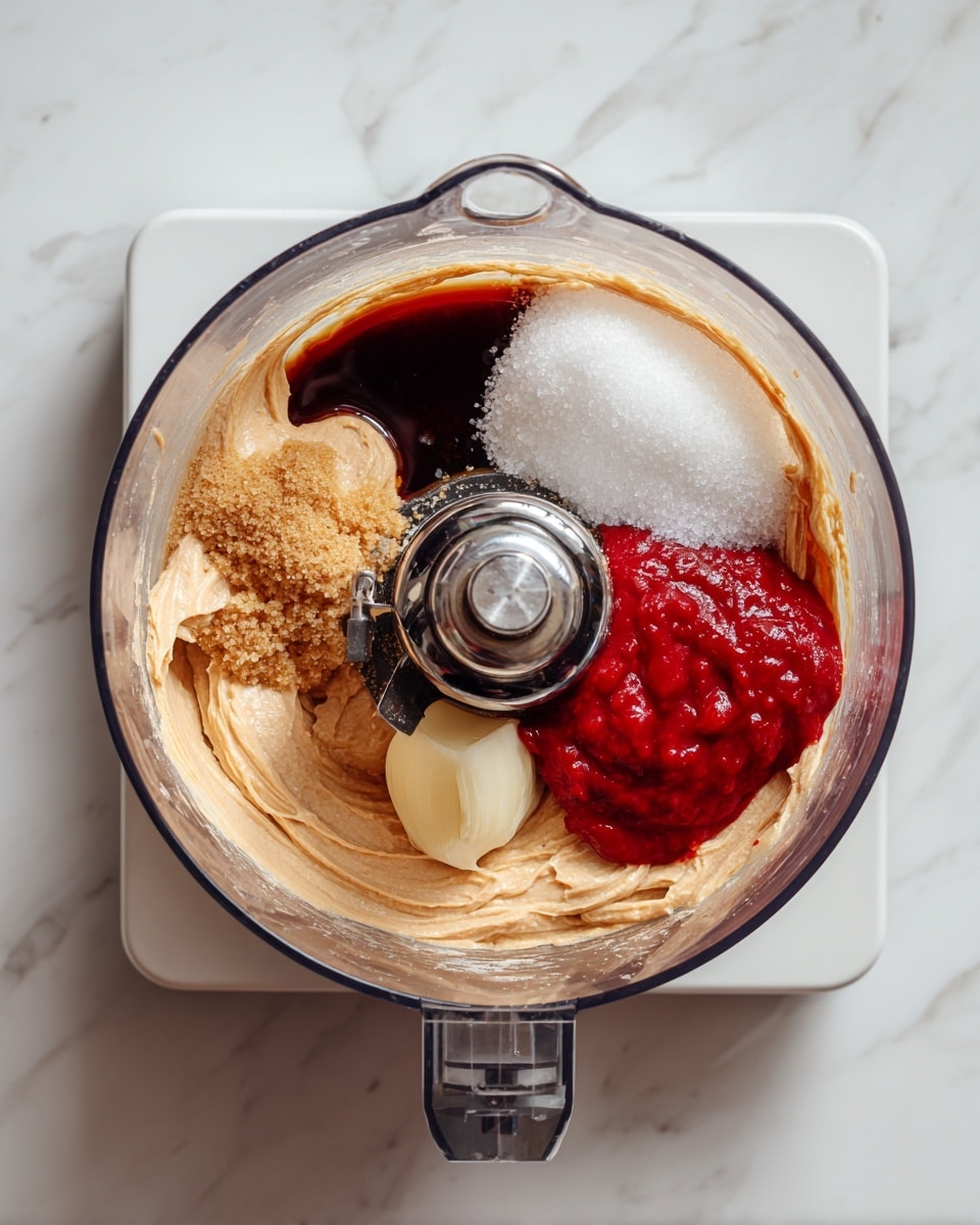 Inside a clear food processor bowl, there are six layers of ingredients: a creamy light brown layer covering most of the base, a bright red thick sauce dollop on the bottom right, a small pile of white granulated sugar above the red sauce, a dark brown liquid near the top, a small piece of pale yellow solid below the sugar, and a whole white garlic clove resting near the pale yellow piece. The metal blade is centered in the bowl, with its shiny surface reflecting some of the colors. The processor rests on a white square base, placed on a white marbled surface. photo taken with an iphone --ar 4:5 --v 7