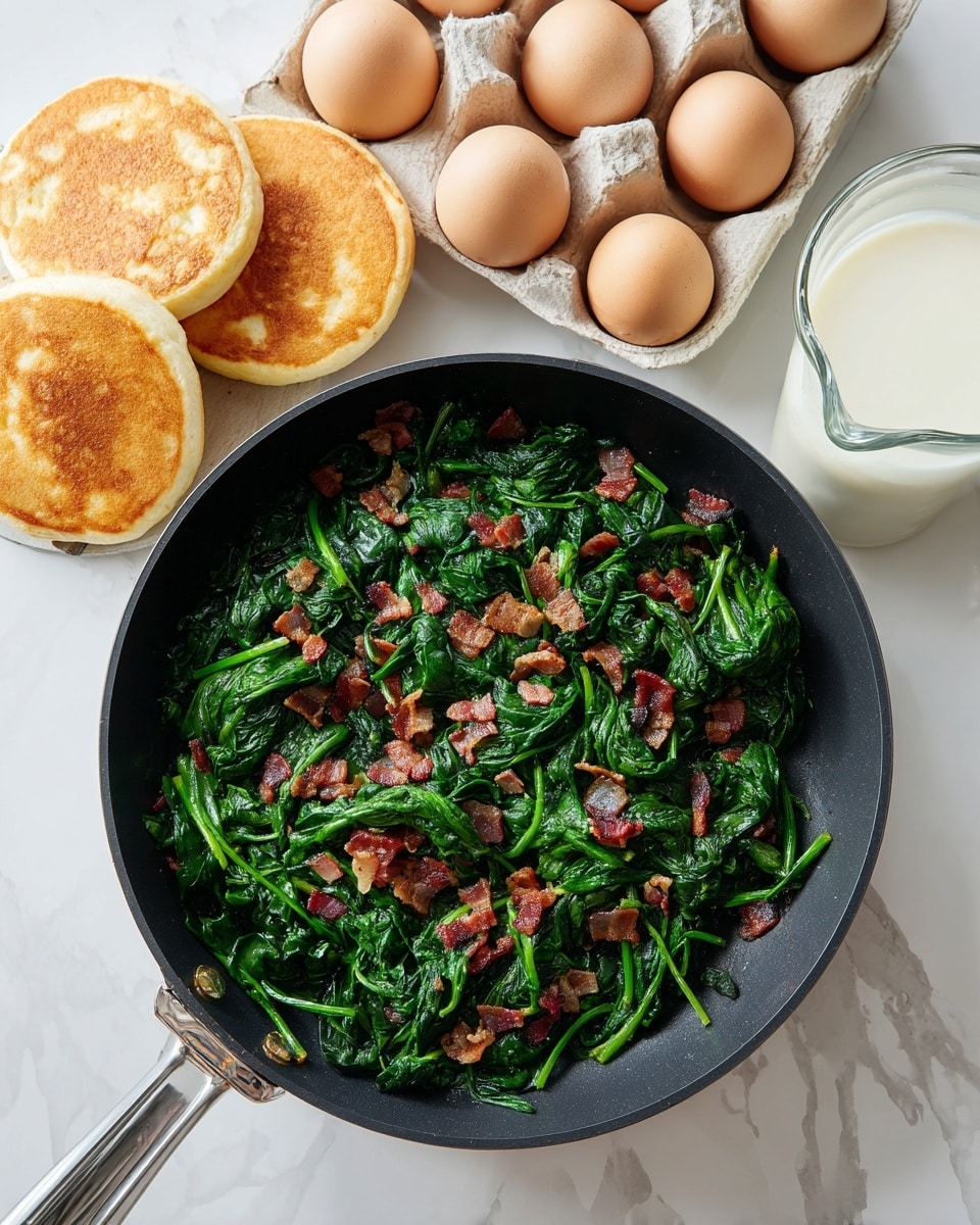 The image shows a black frying pan filled with bright green spinach leaves mixed with small pieces of browned bacon all spread evenly. To the left of the pan, there are four golden brown toasted English muffins stacked loosely on the white marbled surface. Below the pan, there is a carton of ten light brown eggs with smooth shells and next to it is a clear glass measuring cup filled with white milk. The whole setup sits on a clean white marbled background, giving a fresh and simple look photo taken with an iphone --ar 4:5 --v 7