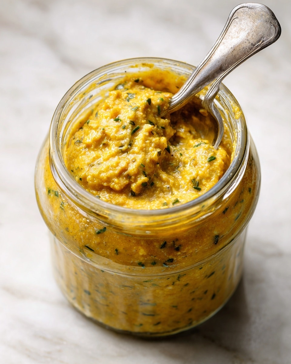 A glass jar filled with a thick, textured paste that is golden yellow with flecks of green herbs throughout, showing a slightly chunky consistency. A silver spoon is dipped into the paste, resting inside the jar, with some paste clinging to it. The jar sits on a white marbled surface, and the image is taken from above, highlighting the rich color and rough texture of the paste. Photo taken with an iphone --ar 4:5 --v 7