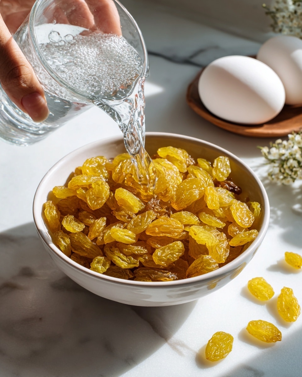 The image shows a white bowl filled with golden yellow raisins that have a wrinkled texture. Clear water is being poured from a glass container into the bowl, creating some small bubbles on the surface of the water covering the raisins. Behind the bowl on the white marbled surface, there is a whole white egg and some kitchen items partly visible. A woman's hand is holding the glass container from the left side of the frame. The photo has a soft natural light and a clean, bright look. photo taken with an iphone --ar 4:5 --v 7