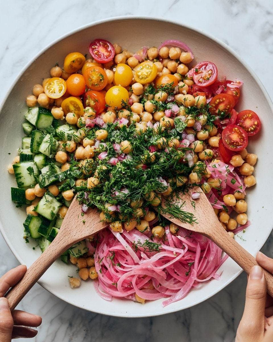 The image shows three white speckled plates each with a colorful chickpea salad made of beige chickpeas, green cucumber chunks, red and yellow cherry tomato halves, sliced pink pickled onions, dark purple olives, and green herbs like dill scattered on top. A larger white speckled bowl at the top right holds more of the same salad with a wooden spoon resting inside. The plates and bowl sit on a white marbled surface with two clear glasses of sparkling water nearby. Two forks rest on the salads on two of the plates, suggesting the meal is ready to be eaten. photo taken with an iphone --ar 4:5 --v 7