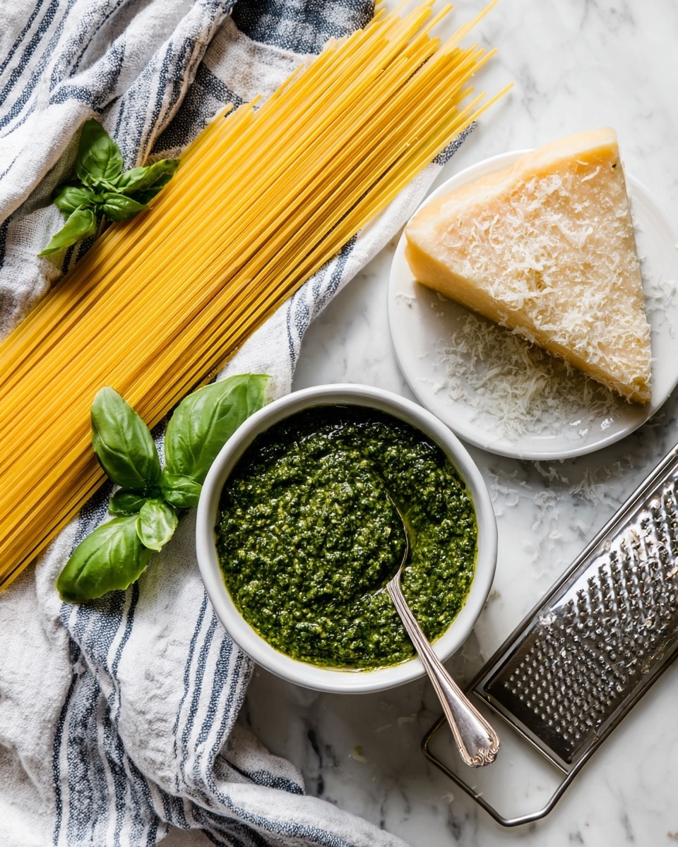 The image shows a bundle of dry yellow pasta strands resting on a white and blue striped cloth on the left side, with a few fresh green basil leaves scattered nearby. In the center, there is a white bowl filled with thick, textured green pesto sauce, with a silver spoon placed inside it. On the right side, a triangle piece of hard cheese with a rough, crumbly surface sits on a white plate next to a metal grater with some finely grated cheese around it. All items are placed on a white marbled surface. Photo taken with an iphone --ar 4:5 --v 7