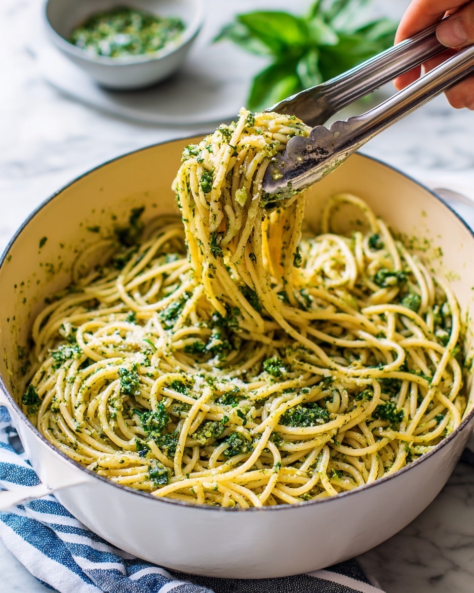 A close-up image of a large white pot filled with spaghetti noodles mixed with green pesto sauce. The spaghetti is long, smooth, and slightly shiny, covered unevenly in the grainy, herb-textured pesto. The pot sits on a white marbled surface with a blue and white striped cloth partially visible underneath. A woman's hand holds silver tongs lifting a portion of the spaghetti from the pot. In the background, fresh green basil leaves and a small bowl of green pesto add extra color and texture to the scene. Photo taken with an iphone --ar 4:5 --v 7