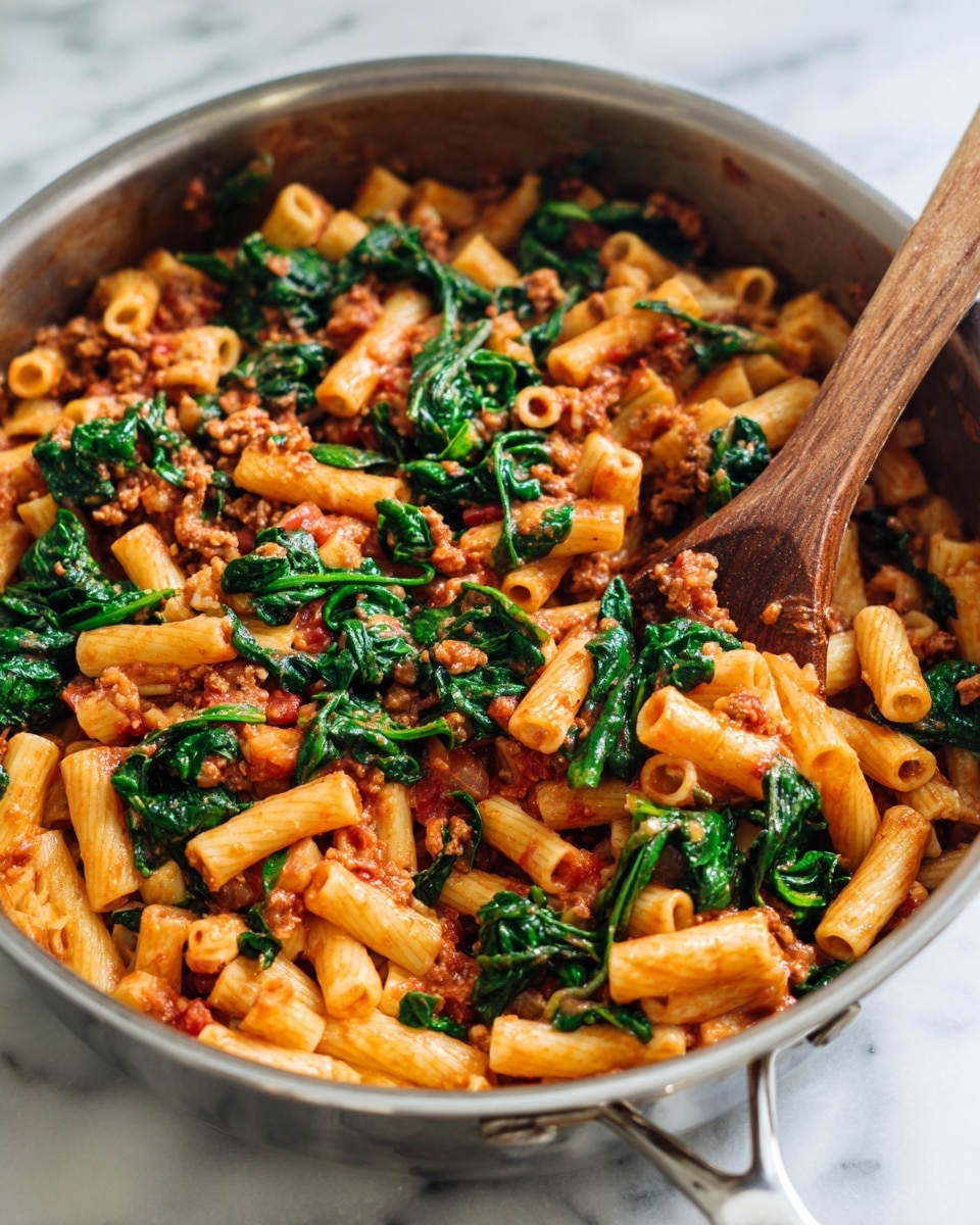 A close-up image of a stainless steel pan filled with short tubular pasta in a light red tomato sauce scattered with cooked green spinach leaves on top. The pasta layer is at the bottom with the sauce mixed throughout, showing a soft, smooth texture colored light orange to red. Over this, fresh wilted spinach leaves with deep green color, wrinkled and soft texture are placed mostly on one side. A wooden spoon with a smooth surface is partially inside the pan, resting on the pasta, stirring the dish. The pan is set on a white marbled surface with soft natural light. photo taken with an iphone --ar 4:5 --v 7