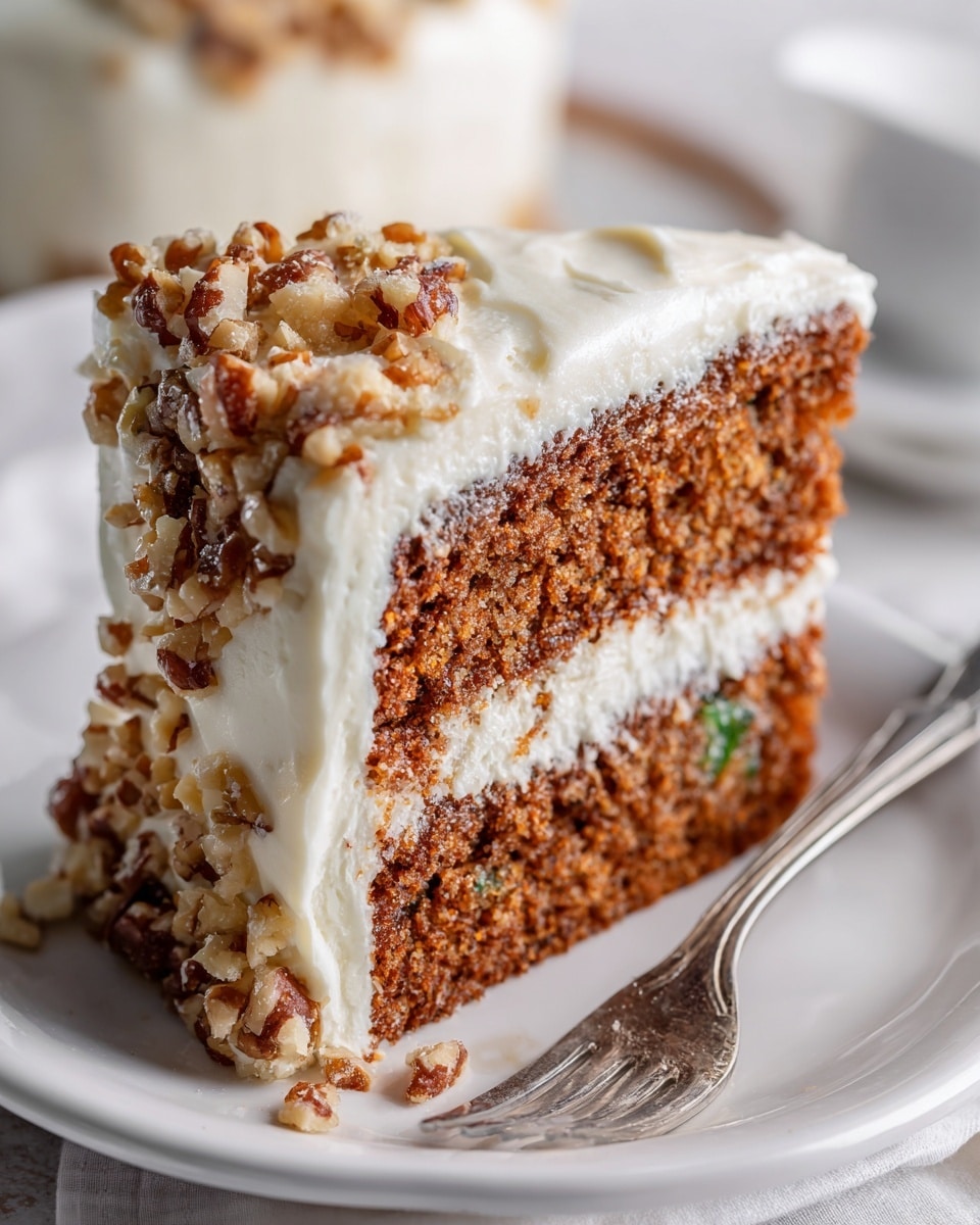A close-up view of a slice of two-layer brown cake with small green bits inside, covered with thick white frosting between and around the layers. The frosting is smooth and creamy, with crushed light brown nuts sprinkled on the outside edges. The cake sits on a white plate with a silver fork, and the background is soft and out of focus, highlighting the texture of the moist cake and creamy frosting. photo taken with an iphone --ar 4:5 --v 7