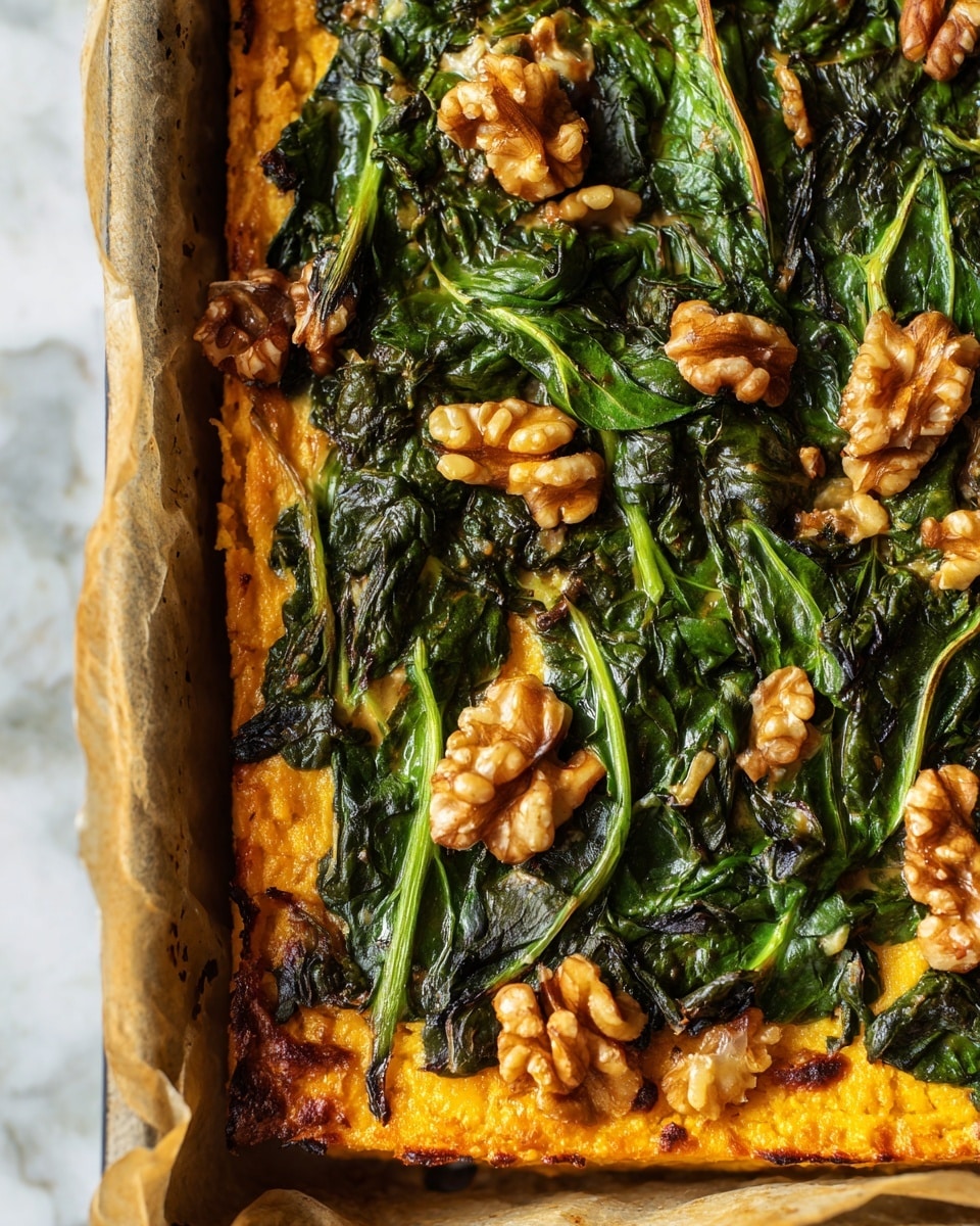 The image shows a close-up of a baked dish with several layers. The bottom layer is a golden-orange baked cheese crust with a slightly rough texture. On top of the cheese, there are dark green cooked spinach leaves scattered across the surface, with some leaves curled and shiny from moisture. Mixed in are small pieces of light brown walnuts, adding a rough texture and nutty detail. Everything is arranged closely, filling the frame, and the background is a white marbled texture. photo taken with an iphone --ar 4:5 --v 7