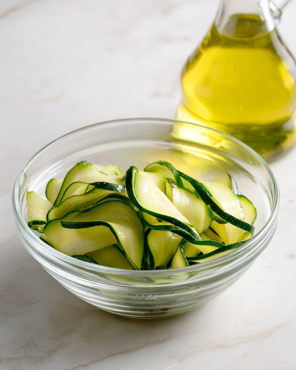 The image shows a clear glass bowl with thin green zucchini slices inside, some pieces are slightly folded or curled, giving a textured and layered look. Behind the bowl, there is a bottle of light yellow oil. The bowl is placed on a white marbled surface. The zucchini slices are light green with darker green edges and have a fresh, smooth texture. photo taken with an iphone --ar 4:5 --v 7