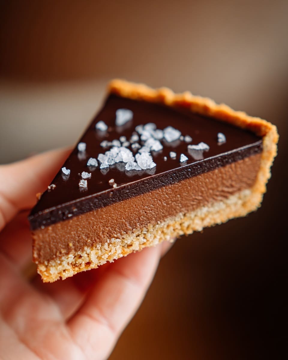 A close-up photo of a single triangular slice of chocolate tart held by a woman's hand. The tart has three visible layers: a light tan-colored crumbly crust at the bottom and sides, a thick middle layer of smooth medium brown chocolate filling, and a thin top layer of shiny dark chocolate glaze. There are small flakes of coarse white salt scattered on the glossy top. The background is soft and blurred with a warm brown tone. Photo taken with an iphone --ar 4:5 --v 7