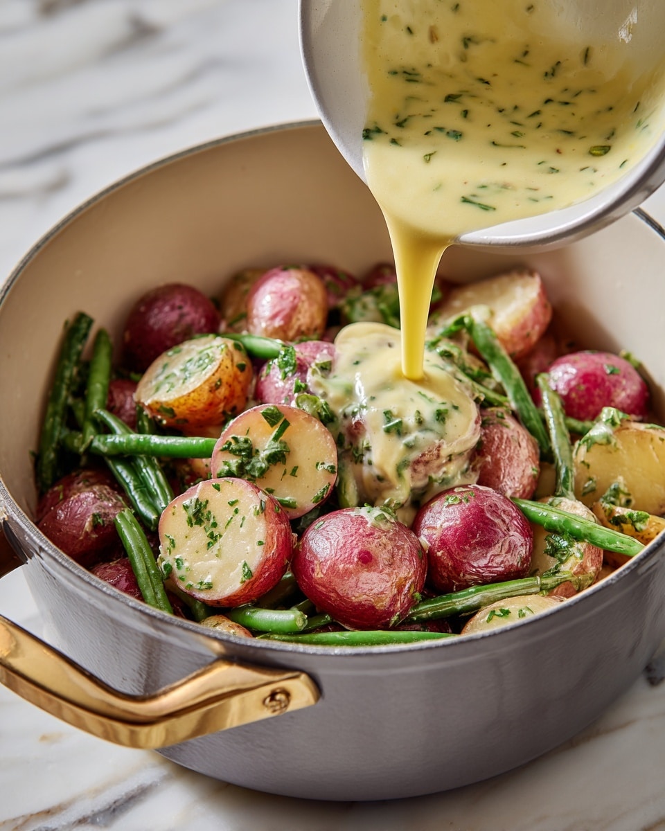 A close-up view of a gray cooking pot with a gold handle, showing a mix of halved small red potatoes and chopped green beans inside. A creamy yellow sauce with green herbs is being poured over the potatoes and beans from a small white bowl held above. The scene is set on a white marbled surface. photo taken with an iphone --ar 4:5 --v 7