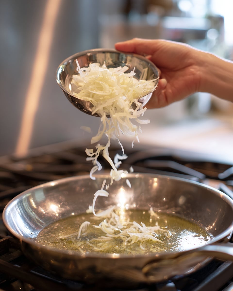 A close-up image showing a woman's hand holding a small silver bowl tilted above a silver pan on a stove. Thin white onion slices are falling from the bowl into the pan, where a thin layer of oil glistens. The pan has a shiny metal texture with light reflections, and the background shows some parts of a stove with a clean kitchen setting. The photo taken with an iphone --ar 4:5 --v 7