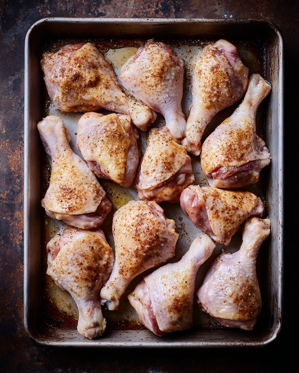 This image shows a metal baking tray filled with 11 pieces of raw chicken, including drumsticks and thighs. The chicken pieces have a pale pink color with skin that is seasoned with a coating of brownish spices and some shining spots of oil, giving a slightly wet and glossy look. The chicken pieces are spread out evenly with some touching each other, and the tray rests on a rustic dark surface. photo taken with an iphone --ar 4:5 --v 7