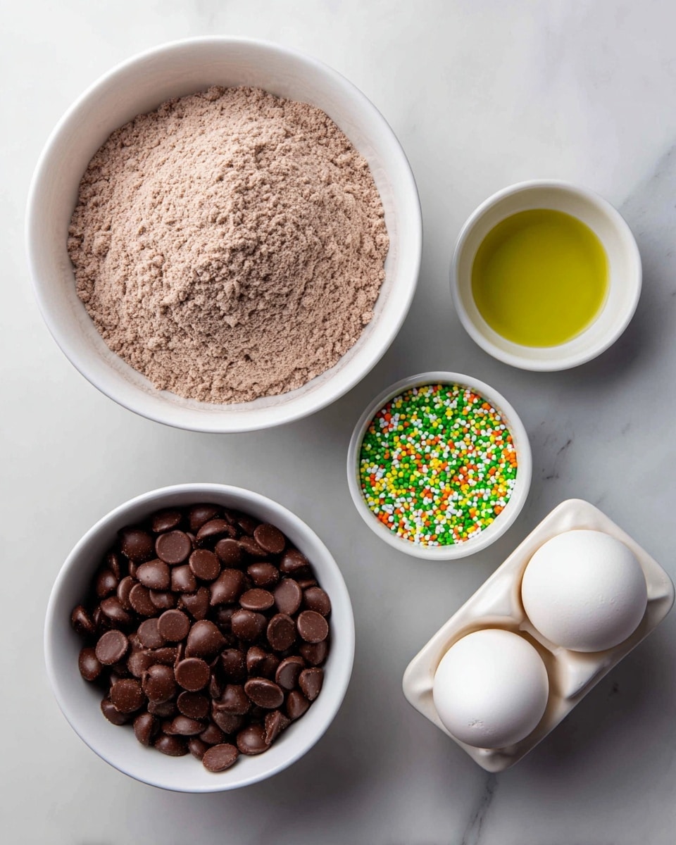 The image shows five white bowls and containers placed on a white marbled surface. The largest bowl at the top contains a light brown dry cake mix with a rough powdery texture. Below it to the left is a medium bowl filled with smooth, shiny, dark brown chocolate pieces shaped like small drops. Next to it, a small white bowl holds bright green, yellow, white, and orange small round and shaped sprinkles, densely packed and colorful. Above this is another small bowl with clear, golden yellow oil with a smooth surface. To the far right, a white egg holder contains two whole white eggs with smooth shells. All items are neat and clearly visible. photo taken with an iphone --ar 4:5 --v 7