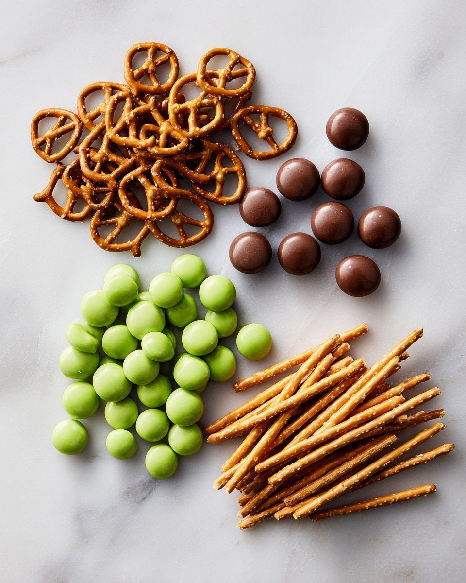 This image shows three groups of snacks placed on a white marbled surface. On the left, there is a pile of small, classic pretzels with a light brown color and shiny texture. Below the pretzels, there are five small, round chocolate candies with a smooth, shiny brown surface. In the middle, there is a scattered bunch of round candies in different shades of green, some lighter and some darker, with a glossy coating. On the right side, there is a mound of thin, crunchy breadsticks with a light brown color and a slightly rough texture. The items are arranged neatly in separate groups and evenly spread out across the surface. photo taken with an iphone --ar 4:5 --v 7