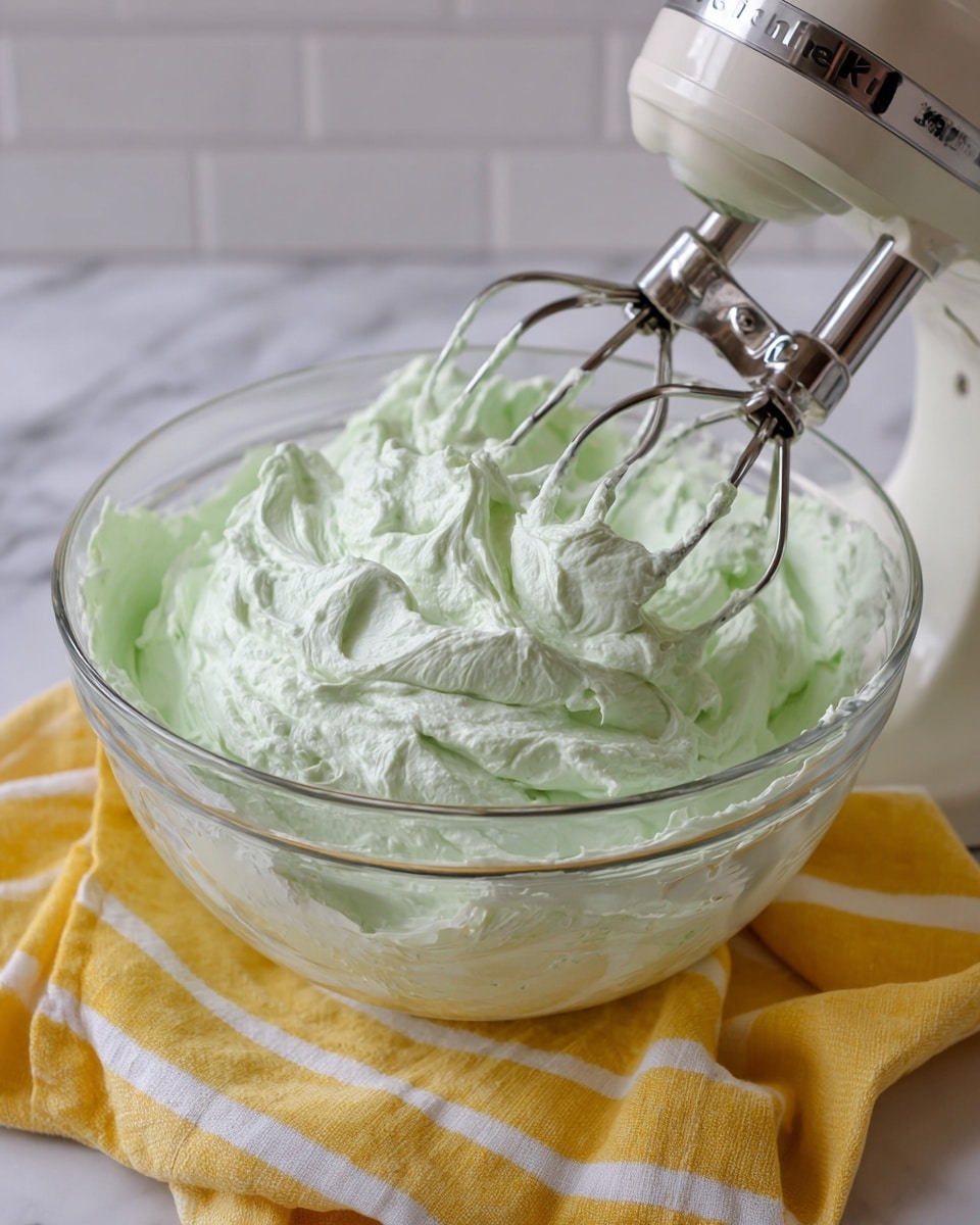A clear glass bowl filled with pale green whipped cream, with smooth and fluffy texture showing soft peaks. Two metal beaters are inside the bowl, catching some of the whipped cream, attached to a white mixer labeled KitchenAid. The bowl is placed on a yellow and white striped cloth on a white marbled surface, with white tiled background. photo taken with an iphone --ar 4:5 --v 7