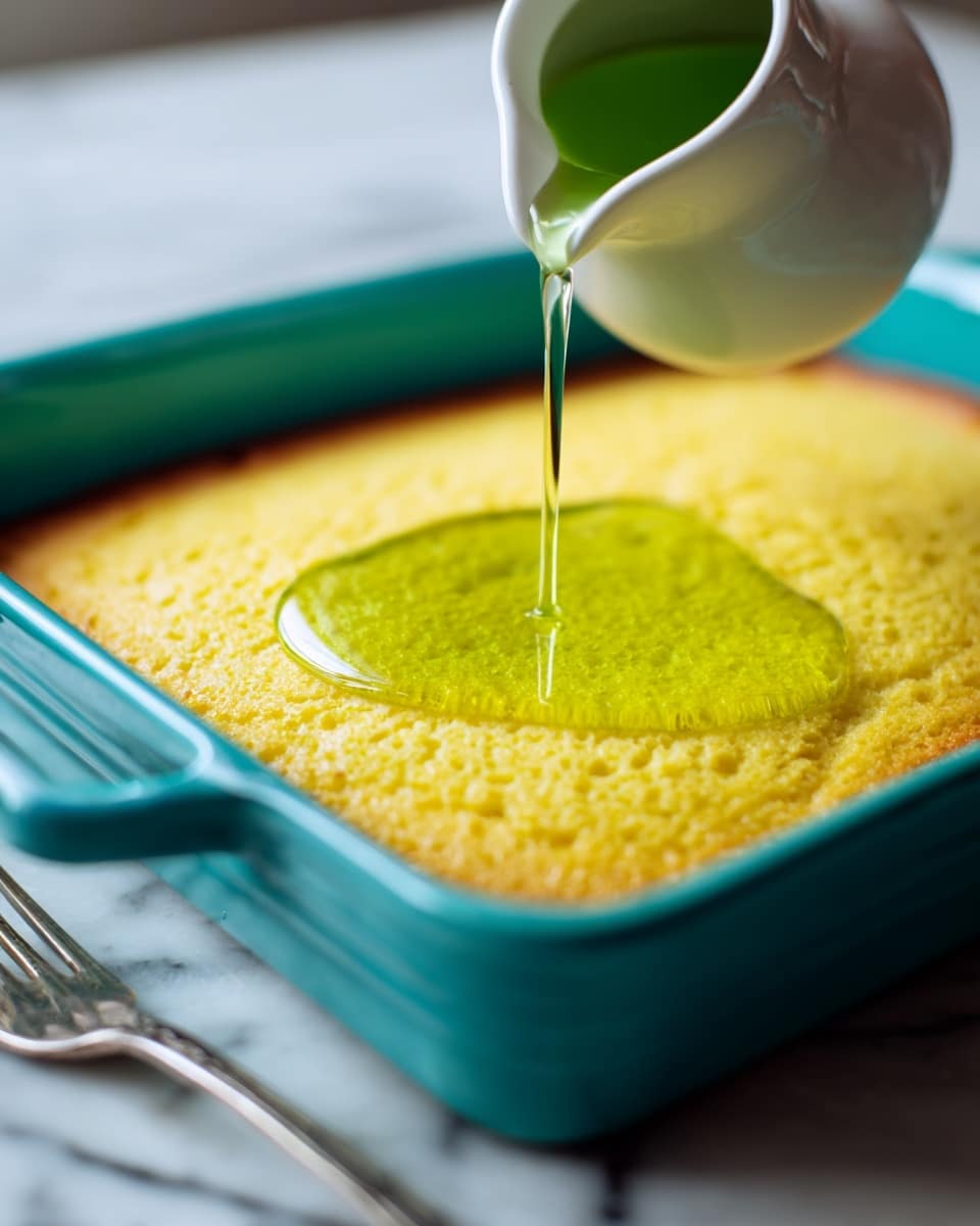 A golden yellow cake with a soft, slightly uneven surface in a teal baking pan. A white pitcher is pouring a shiny green liquid over the center of the cake, creating a small pool that slightly soaks into the cake top. The scene shows a white marbled surface beneath the pan, with a silver fork on the left side. photo taken with an iphone --ar 4:5 --v 7