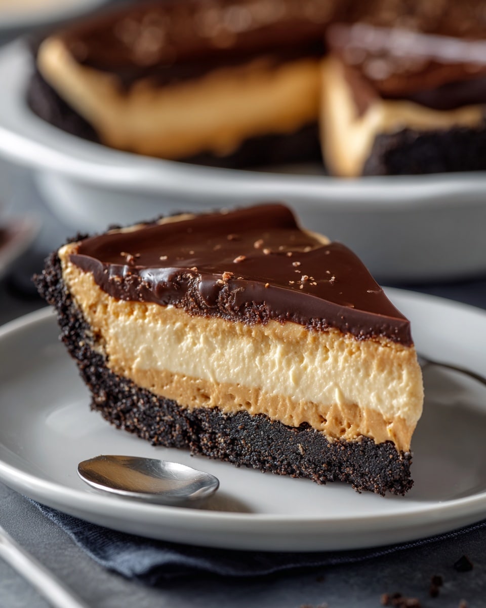 The image shows a slice of pie on a white plate with three clear layers: the bottom layer is a dark, crumbly crust, the middle layer is a thick, creamy light brown filling, and the top layer is a smooth, shiny dark chocolate coating. The rest of the pie is seen in the background on a white dish, with a dark surface below and a spoon near the plate. The background is softly blurred, focusing on the slice of pie. Photo taken with an iphone --ar 4:5 --v 7