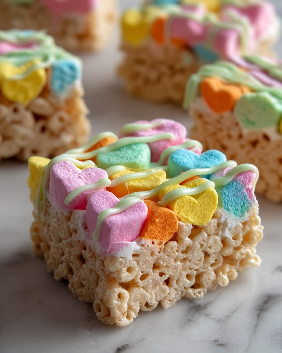 The image shows a large, thick, square-shaped cereal treat placed on crinkled white parchment paper, resting on a light brown wooden board. The treat is made of puffed rice cereal mixed with small, colorful marshmallows in shades of pink, blue, green, yellow, orange, and white, giving it a bright and playful look. The marshmallows are scattered evenly throughout, adding texture and pops of color on the beige cereal base. In the background, there is a white marbled surface, a small vase with pink and yellow flowers on the left, and a stack of white plates with gold rims on the right. The overall feel is fresh and inviting, with soft natural light highlighting the treat. Photo taken with an iphone --ar 4:5 --v 7