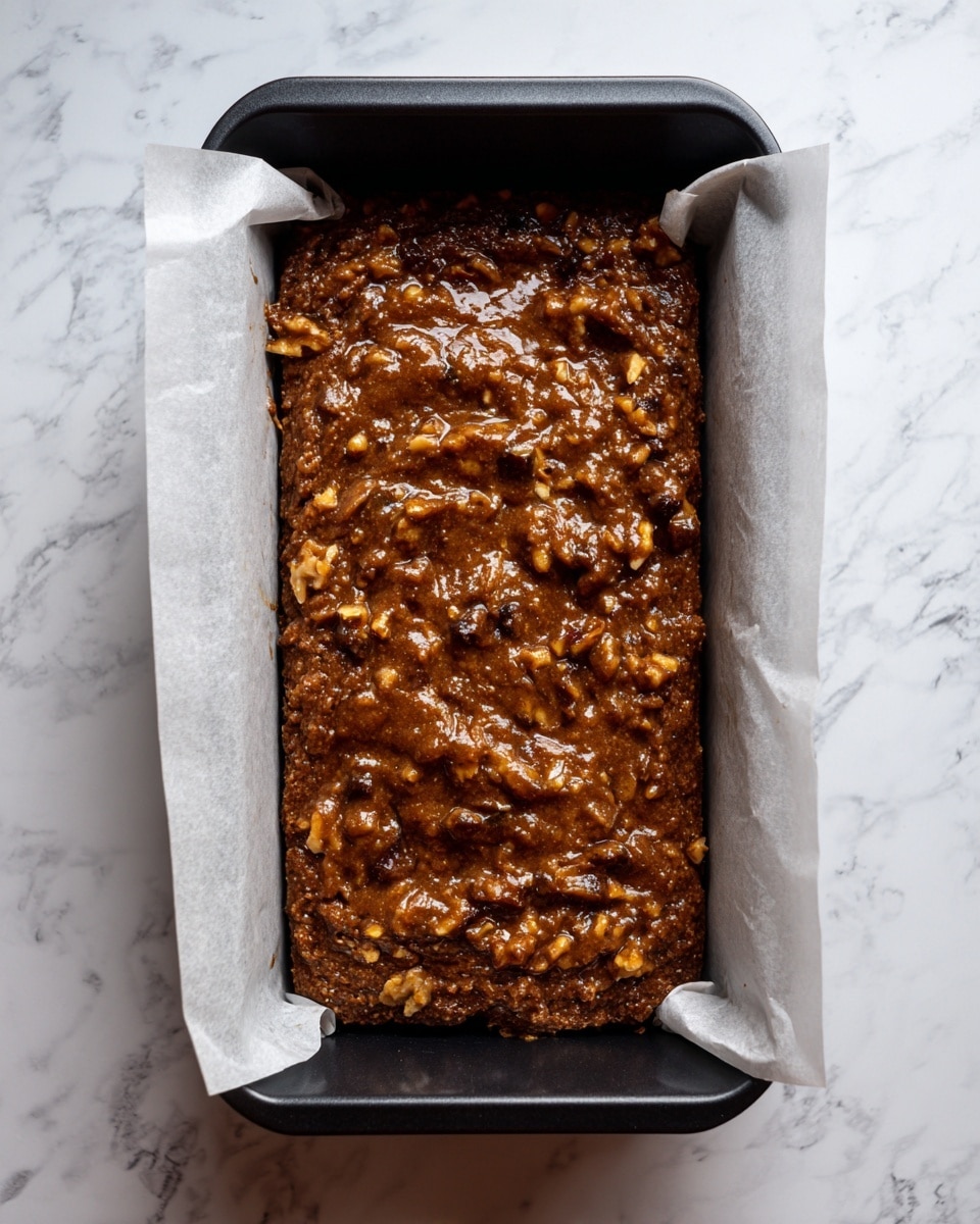 The image shows a black rectangular baking pan lined with white parchment paper, filled with a thick, brown batter mixed with uneven chunks and darker spots, likely pieces of dried fruit or nuts. The batter has a shiny, wet texture and is spread unevenly but mostly level across the pan. The background is a white marbled surface. photo taken with an iphone --ar 4:5 --v 7