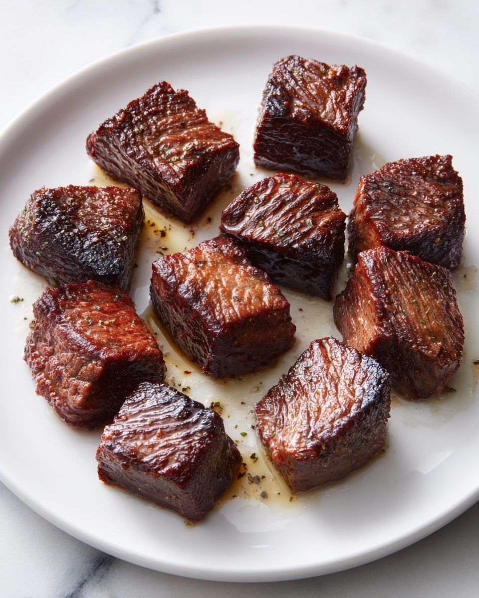 The image shows a white plate with nine pieces of cooked beef cubes arranged evenly across its surface. Each beef cube has a rich brown color with a slightly crispy, charred texture on the outside, highlighting the cooked meat's juicy and tender look. The plate sits on a white marbled surface, with some light grease spots visible around the meat, enhancing the sense of the beef's moistness. Photo taken with an iphone --ar 4:5 --v 7