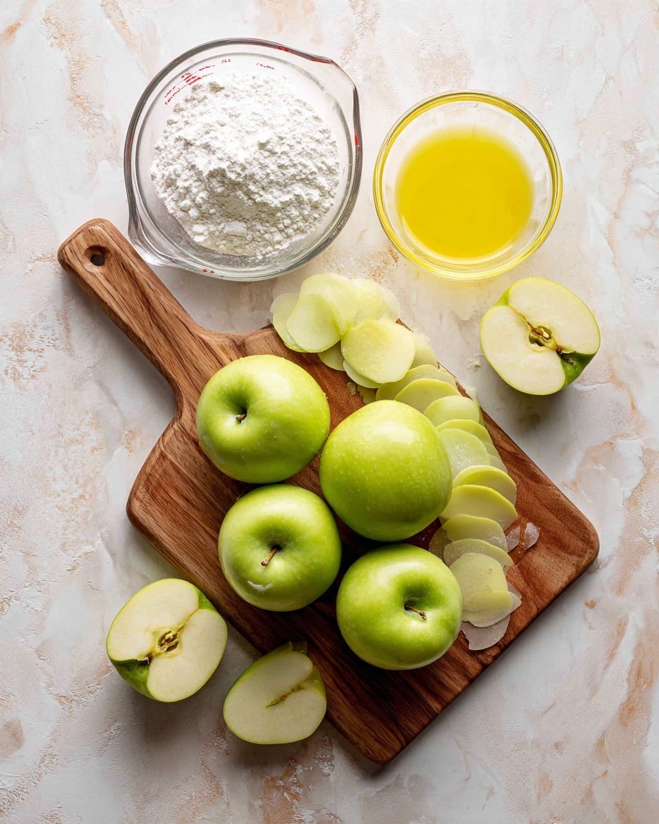 The image shows peeled green apples placed on a wooden cutting board with some apple peels arranged neatly in curls on the right side. There are whole peeled apples and a couple of halved apples showing the core and seeds. Behind the cutting board, there is a transparent glass measuring cup filled with white flour, and further back, a glass bowl contains yellow melted butter. The whole scene is set on a white marbled textured surface. Photo taken with an iphone --ar 4:5 --v 7