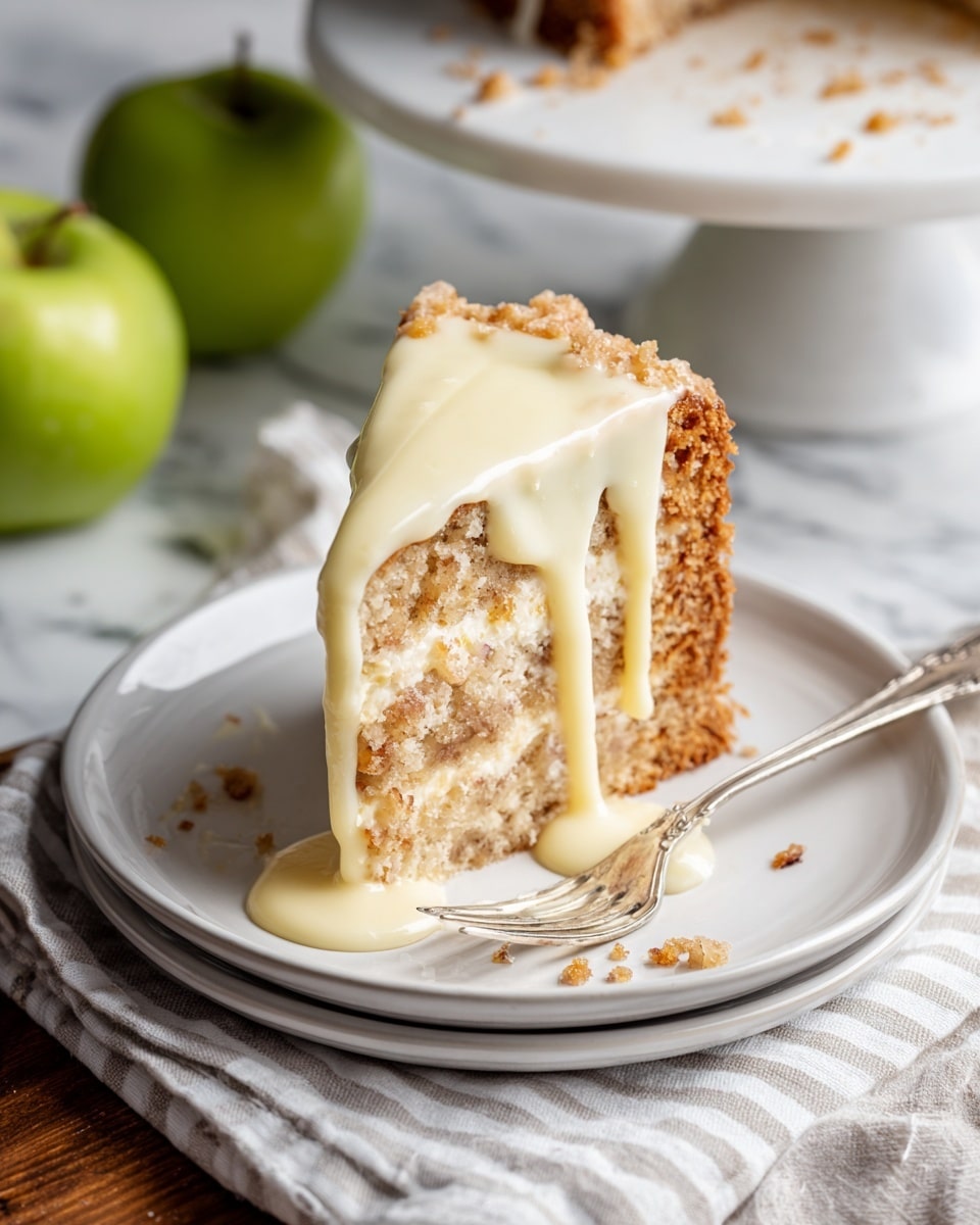 A single slice of crumbly, light brown cake with visible chunks inside sits on a white plate, topped with thick, creamy pale yellow sauce that drips down the sides. A silver fork rests beside the cake, all placed on a striped cloth with a smooth wooden surface beneath. In the background, a whole green apple and a white cake stand with crumbs can be seen on a white marbled surface. Photo taken with an iphone --ar 4:5 --v 7